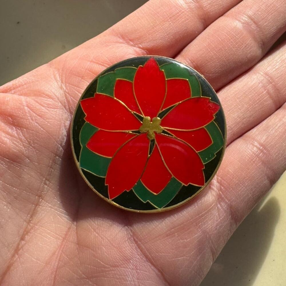 vintage Hallmark Christmas Poinsettia pin brooch painted enamel design 90s